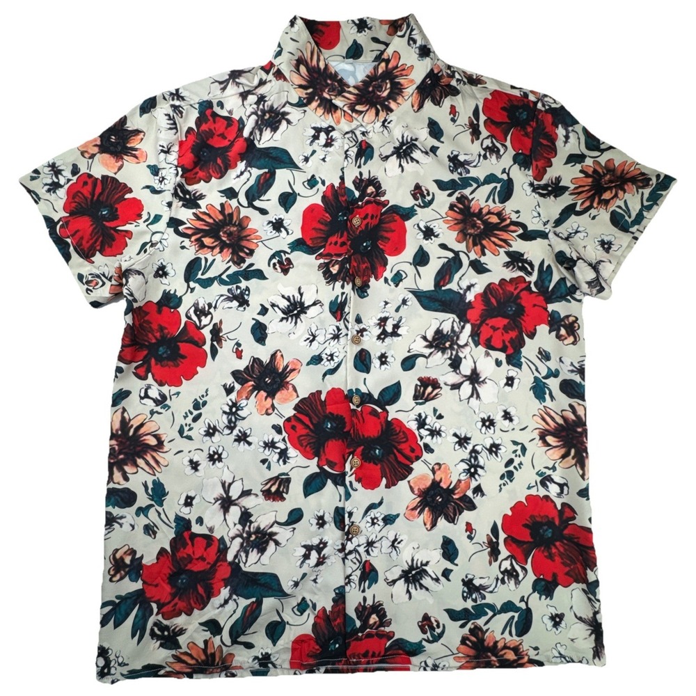 Floral Button Down Shirt Poppy Print Short Sleeve Cream Red Orange